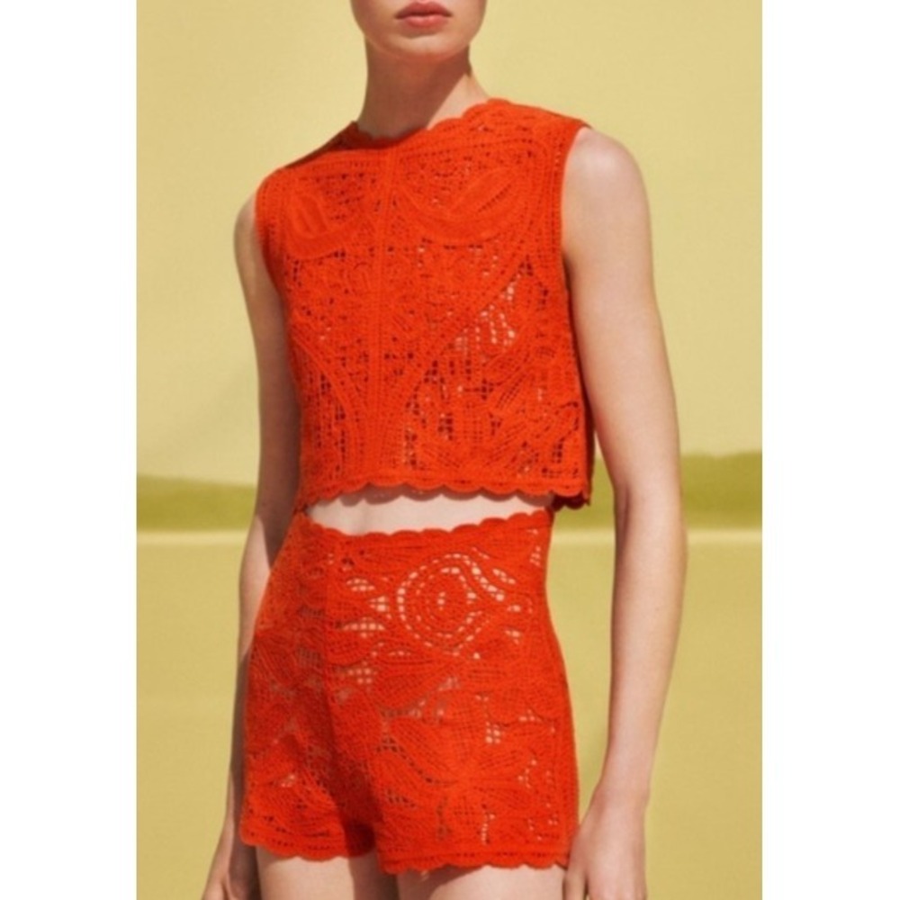 MNG Mango Crochet Top and Shorts Set Size Small Orange Crochet